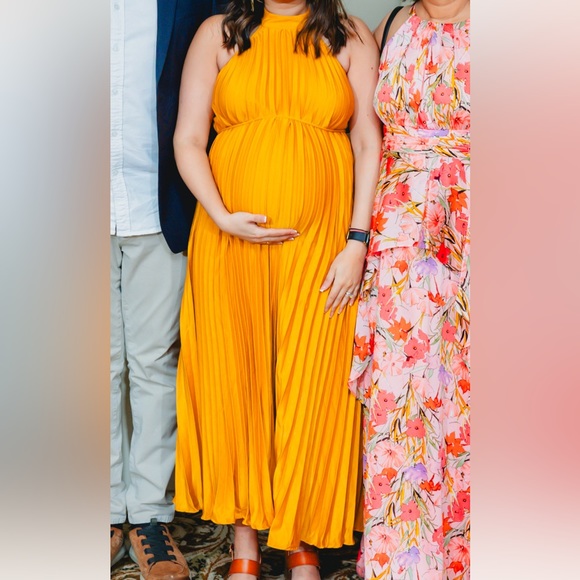 Golden Pleated Maternity Halter Dress. Perfect for baby showers!! - Picture 2 of 3